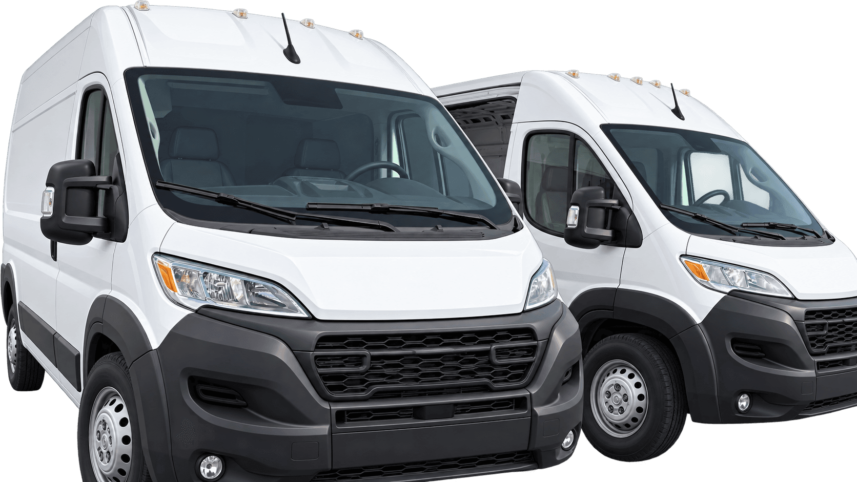 Close front view of two white SQUSH cargo vans